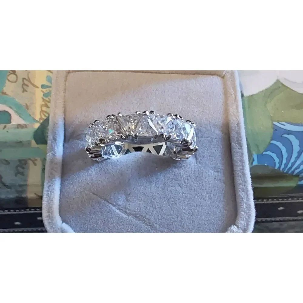 New~Gorgeous 18KWGP 5 Carat Trillion Cut Sim Diamond Eternity Band Ring Sz 10